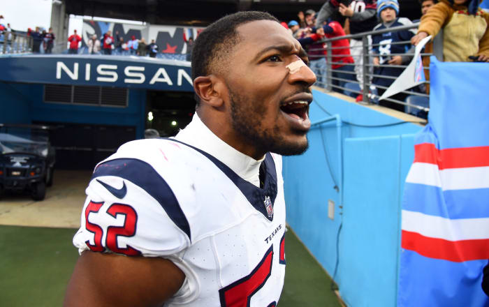 Dec 17, 2023; Nashville, Tennessee, USA; Houston Texans defensive end Jonathan Greenard (52) celebrates after a victory against the Tennessee Titans at Nissan Stadium.